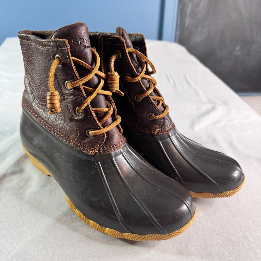 Sperry Saltwater Duck Boots Womens Sz 8 Brown Leather Waterproof Rain Snow - Picture 2 of 8